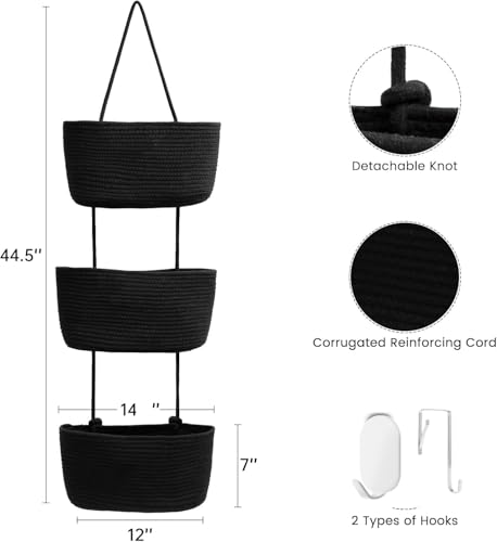 Black 3-Tier Woven Cotton Rope Hanging Basket, Over the Door Organizer, Adjustable Detachable Wall Basket with Metal & Adhesive Hooks, No Drilling for Laundry Room, Utility Room & Closet - style: Modern