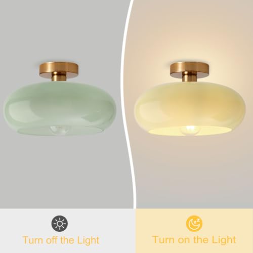 Mid Century Ceiling Light Fixture - Milk Glass Shade, Gold Modern Flush Mount Lamp for Hallway, Dining Room, Kitchen - color: Flush-Milk Green