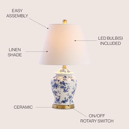JONATHAN Y 22" Blue/White Ceramic Table Lamp, French Country Chinoiserie Ginger Jar LED Bedside Lamp for Living Room Bedroom, White Linen Shade, JYL3005A - color: Blue/White, size: Set of 1