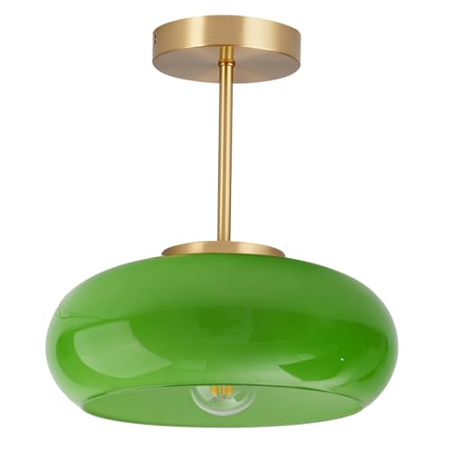 Green Glass Ceiling Light - Mid Century Modern Semi Flush Mount with Green Dome Glass Shade and Gold Brass Finish - Vintage Hallway Light Fixture Hallway Dining Room Kitchen Sink - color: Green