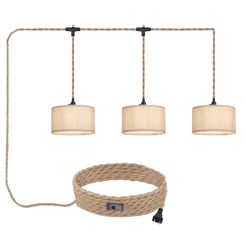 3 Light Plug in Pendant Lights Fabric Hanging Lamp Kit with Switch 22 Ft Long Hemp Rope Farmhouse Pndant Light Cord Lighting Fixture DIY Hanging Light - size: 3 Light Fabric