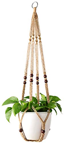 Mkono Macrame Plant Hanger Indoor Jute Hanging Planter Basket with Wood Beads Decorative Flower Pot Holder No Tassels for Indoor Outdoor Boho Home Decor 35 Inch, Brown, Set of 1 (POTS NOT Included) - color: Brown