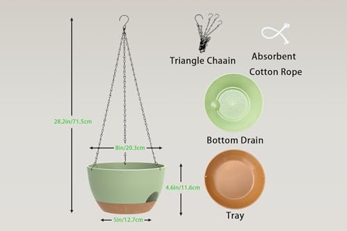 Hanging Planters 3-Pack, 8 Inch Self-Watering Hanging Pots with Drainage Hole and Chains, Plastic Planters for Indoor Outdoor（Green Brown） - color: Green Brown, size: 8 inches