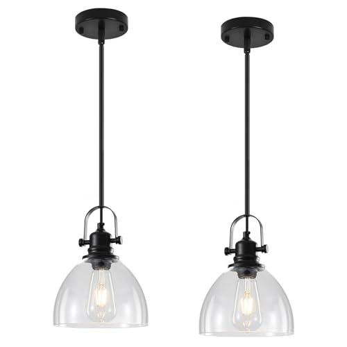 Pendant Lights Kitchen Island, 7.5 Inch Glass Pendant Lights Kitchen Island, Black Pendant Lighting with Adjustable Rod, Industrial Hanging Island Pendant Light for Kitchen, Bedroom (2 Pack) - color: Clear Glass-Black+Rod, size: 2-Pack