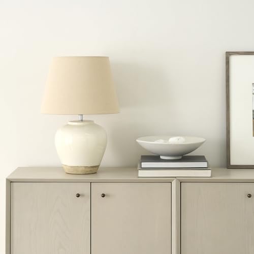 Nourison Home 20" Two-Tone White and Tan Glossy Ceramic Table Lamp, Bedside Nightstand Lamp with Warm Beige Shade for Bedroom, Living Room, Entryway - color: White/Tan