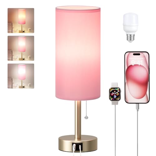 Dicoool Pink Bedside Table Lamp for Bedroom, Small Nightstand Lamp for Girls, 3 Color Temperatures & USB Charging Port, Cute Desk Lamp for Kids Teens Room Decor, Dorm Room Essentials - color: Pink-Light Gold