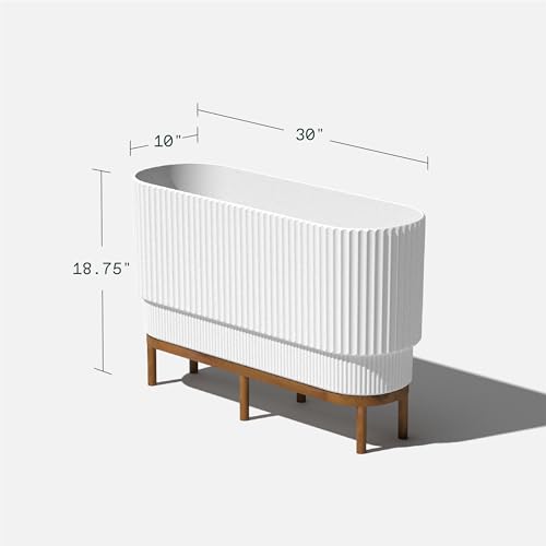 Veradek Demi Series Raised Long Planter for Indoor/Outdoor Use | Made from Plastic & Stone w/Wooden Stand | Modern Patio Décor for Flowers/Shrubs - color: White/Brown, size: 30 inch