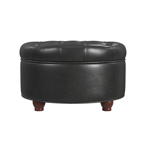 HomePop 25" Button Tufted Round Storage Ottoman - Black Faux Leather - color: Black Faux Leather