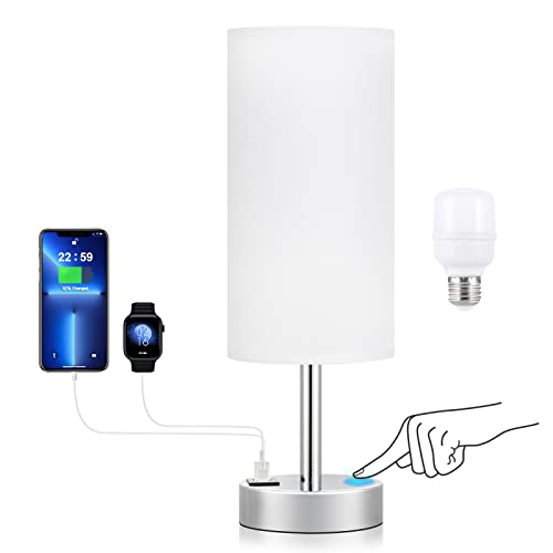 Dicoool White Bedside Touch Table Lamps for Bedroom Nightstand with USB-C USB-A Charging Ports White, 3 Way Dimmable Control Small Lamp Silver Base for Office, Living Room, Reading - color: White-Silver Metal, size: 14in