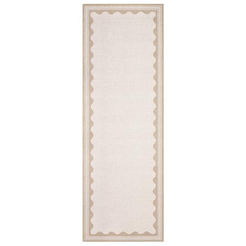 Garvee Washable Hallway Runner Rug 2x6 Runner Rug Non Slip Bordered Wave Print Entryway Rugs Foldable Non-Shedding Carpet Low Pile Stain-Resistant Indoor Soft Rugs for Laundry Kitchen Bathroom Beige - color: Border Beige, size: 2' x 6' (Rectangular)