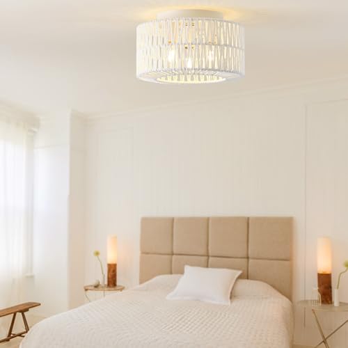 12.6" Rattan Flush Mount Ceiling Light Fixtures, 3-Light Boho Light Fixture Rattan Hand-Woven Chandelier Close to Ceiling Light Fixture for Bedroom Hallway Kitchen Dining Room Nursery(White) - color: 12.6”White