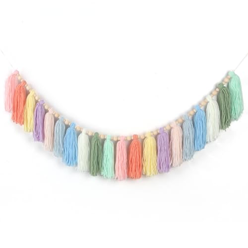 GIAUMA Boho Yarn Tassel Garland with Wood Beads Pastel Wall Hanging Tassels Bunting Banner for Spring Easter Classroom Nursery Baby Shower Birthday Party Kids Room Dorm Bedroom Decor - color: Pastel Rainbow