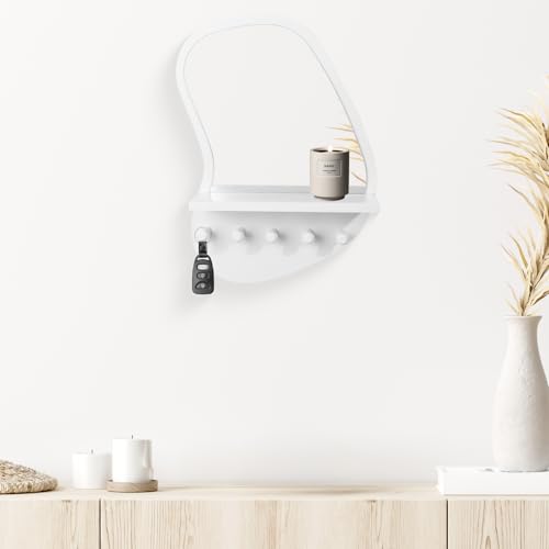 SANY DAYO HOME Wall Mount Wood Frame Irregular Mirror with 5 Wooden Hooks and Shelf, Modern Decorative Hanging Mirror for Entryway, Bedroom, Living Room (16″ x 12″, White) - color: White