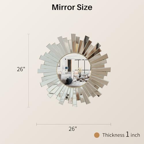 Silver Sunburst Wall Mirror, 26" Decorative Round Accent Mirror with Beveled Mirrored Frame, Modern Glam Luxury Wall Decor for Living Room, Bedroom, Entryway, Dining Room and Fireplace - color: Modern Sliver