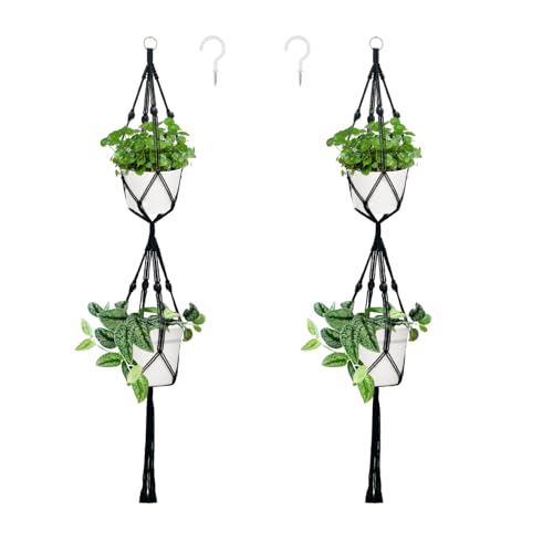 Belit 2 Pack Double Macrame Plant Hangers 2 Tier Hanging Planter Basket Decorative Flower Pot Holder Rope for Indoor Outdoor Home Decor 51 Inch, Black - color: Black, size: 51"- 2 Tier