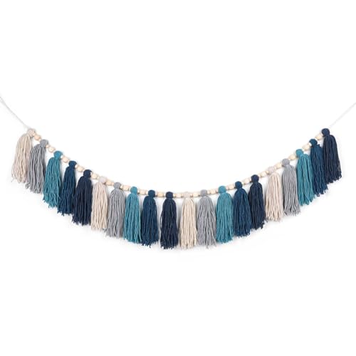 GIAUMA Navy Blue Yarn Tassel Garland with Wood Beads Boho Coastal Wall Hanging Tassels Bunting Banner for Nursery Classroom Kids Room Bedroom Baby Shower Birthday Party Dorm Office Wedding Decor - color: Blue