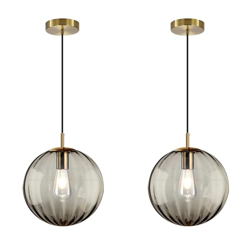 Modern Smoke Grey Glass Pendant Light, Kitchen Island Lighting 2-Pack Globe Pendant Light Fixtures Century Kitchen Island Pendant Lighting for Bedroom Living Dining Room Light Fixture (Without Bulb) - color: BW-Smoky Gray-1 Light-2PC