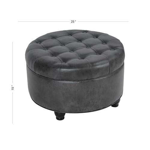 HomePop 25" Button Tufted Round Storage Ottoman - Gray Faux Leather - color: Grey