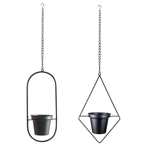 Modern Metal Hanging Planters Set of 2 - Geometric Diamond and Oval Plant Hangers with 5 inch Pots - Black Wall or Ceiling Mount Flower Holders for Indoor and Covered Outdoor Décor - size: OVAL+DIAMOND - 5 INCH POT