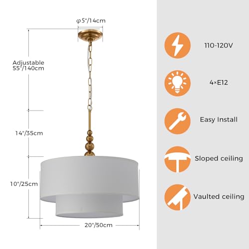 Shrine Lighting White Double Drum Chandelier, Dining Room Design, Drum Pendant Lights for Dining Room, D20'' x H10'', Adjustable Chains 55'', E12*4 Sockets, White Linen Fabric Lampshade & Gold Rod - color: Gold Rod&White Double D20''
