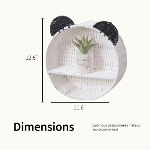 Panda Nursery Decor Wall Shelf, Handwoven Wicker Nursery Shelves for Wall, Wall Mounted Shelf for Small Books, Toys & Decor - color: White+Black