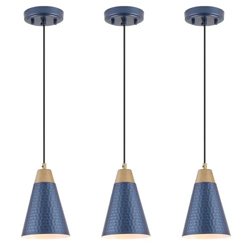 Dijiahua Blue Kitchen Pendant Lighting Over Island 3 Pack,Small Modern Farmhouse Chandeliers Navy Hammered Metal Shade,Mini Vintage Adjustable Cord Hanging Ceiling Lamp Fixtures Over Sink - color: Blue and Wood