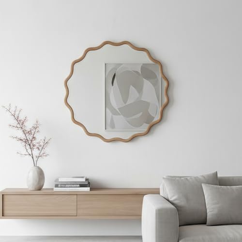 30" Wavy Round Wall Mirror with Solid Wood Frame, Country Irregular Decorative Mirror for Bathroom, Bedroom, Living Room & Entryway, HD Tempered Glass, No Distortion Vanity Mirror (Natural, 30") - color: Natural, size: 30"L x 30"W