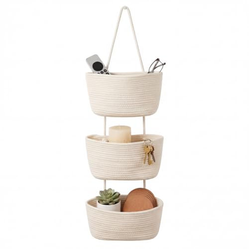 Hanging Wall Basket, Over the Door Hanging Basket with Hooks for Storage, Organizing, Decorative Boho Decor for Nursery, Bedroom, Living Room with 4 Hooks, Whte - color: White