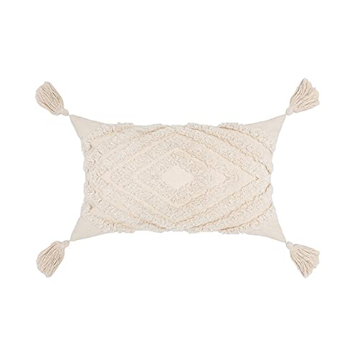 vctops Boho Tufted Decorative Lumbar Throw Pillow Cover with Tassels Cotton Geometric Diamond Cushion Cover for Couch Sofa Bed (Beige,12"x20") - color: Beige, size: 20" x 12" (Pack of 1)