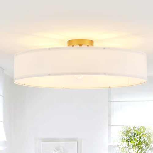 VILUXY Gold Semi-Flush Mount Ceiling Light Fixture with 24" Large White Fabric Drum Shade 5-Light for Bedroom Dining Room Entryway Round Ceiling Lamps - color: White
