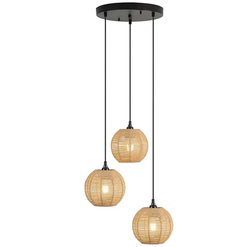 Round 3 Light Boho Pendant Light Rattan Hanging Lamp Hand Woven Wicker Small Chandelier Hanging Lights Fixture for Bedroom Kitchen Hallway Foyer - size: Round 3 Lights