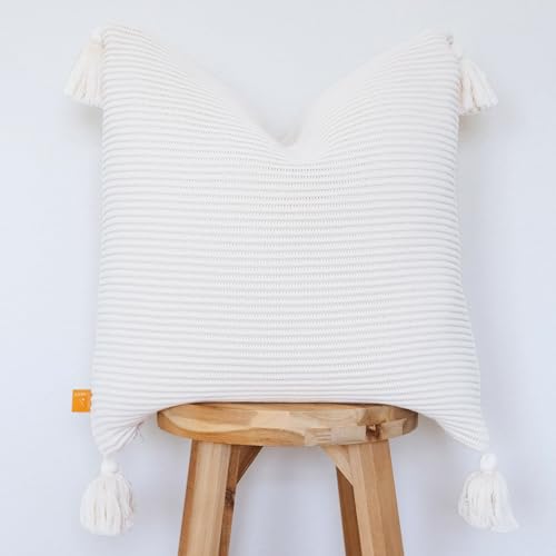 100% Soft Cotton Raised Stripes Textured Rib Knit Throw Pillow Cover with Tassels (18x18, Soft White) - color: Soft White, size: 18" x 18" (Pack of 1)