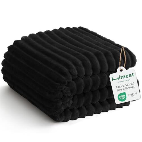 HIMEET Fleece Black Queen Blanket for Bed - 300GSM Ribbed Soft Cozy Bedding Blanket, House Warming Gifts New Home, Luxury Bedroom Decor Throws, 90x90 Inches - color: Black, size: Queen (90" x 90")
