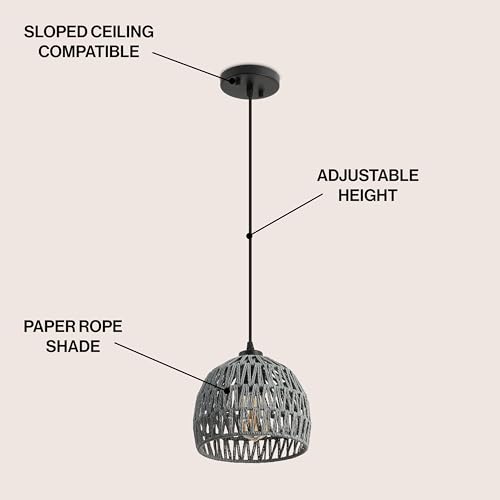 JONATHAN Y 8.25" Gray Modern Bohemian Woven Rope LED Pendant Light Fixture, Adjustable Dome Ceiling Lamp for Kitchen Island, Rope Shade, Coastal Farmhouse Decor (JYL6512D) - color: Gray, size: 8.25"