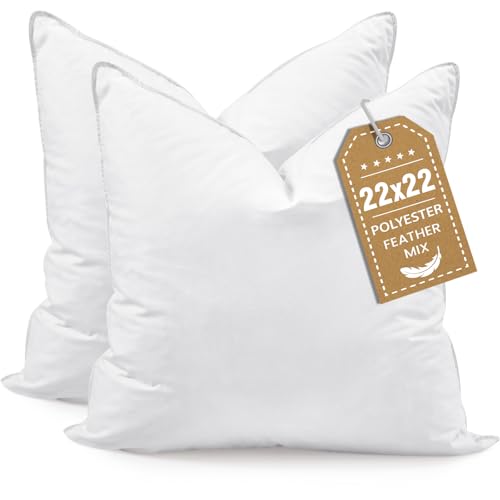 BHZ Euro Throw Pillow Inserts, 22x22 Down Feather Alternative Pillow Inserts Set of 2, Decorative Soft Large Square White Throw Pillows Insert for Couch Bed Dorm Sofa with Breathable Cover - color: White, size: 22x22 inch (Pack of 2)