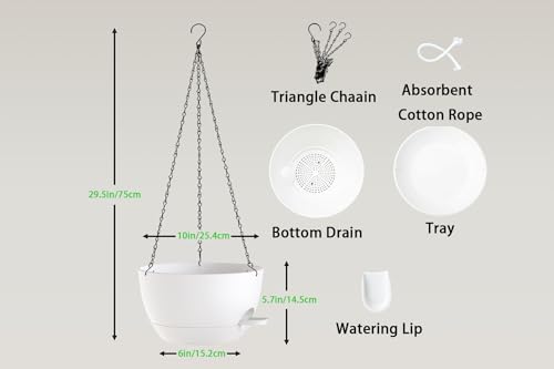 Hanging Planters, 3-Pack 10 Inch Self-Watering Pots with Drainage Holes and Chains, Matte Plastic Planters for Indoor/Outdoor Plant（White） - color: White, size: 10 inches