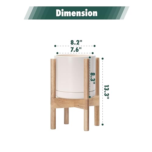 D'vine Dev Ceramic Planter with Natural Stand - 8 Inch Modern Round Flower Pot with Wood Planter Holder, Oatmeal, 55-B-N-8 - color: Oatmeal Pot + Natural Stand, size: 8 Inch