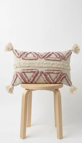 Boho Tufted Geometric Lumbar Throw Pillow Cover with Corner Tassels, Blush Pink Beige Fringe Decorative Rectangular Cushion Case for Sofa Couch Bed Living Room, Pillow Insert Not Included