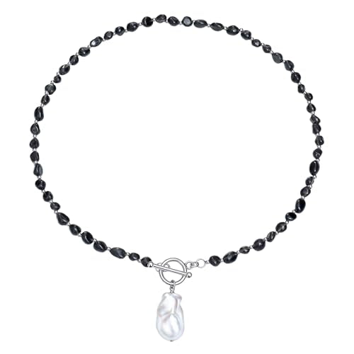 Beaded Necklaces for Women with Baroque Pearl, Turquoise Amethyst Lapis lazuli Tiger Eye Handmade Boho Bead Choker Necklace, Natural Stone Summer Jewelry Birthday Mother Gift for Women - color: Black agate