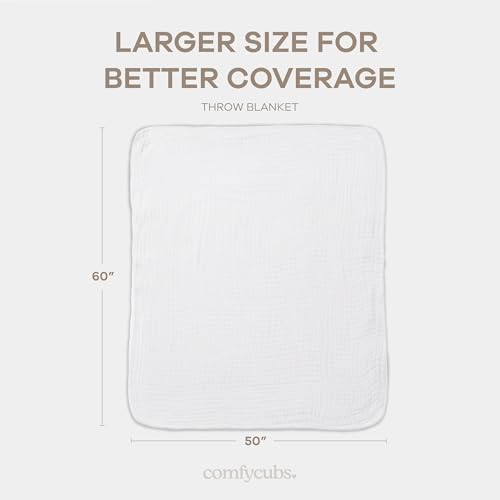 Comfy Cubs Muslin Throw Blanket - 50” x 60” Quilted Design - Lightweight, Breathable 6-Layer Gauze Fabric - Soft Cotton Blanket for Home or Travel - Packaged in Elegant Gift Box - White - color: White, size: Throw - 50" X 60"