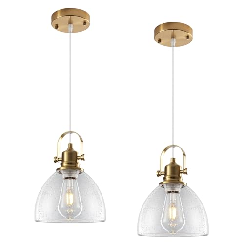 Gold Pendant Lights 2 Pack, 7.5 Inch Seeded Glass Pendant Light, Gold Farmhouse Pendant Light Kitchen Island, Glass Kitchen Pendant Lights for Kitchen Island, Dining Room, Living Room - color: Seeded Glass-Gold+Cord, size: 2-Pack