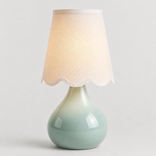 14" Cordless Table Lamp, Rechargeable Ceramic Bedside Lamp with Magnetic LED Bulb, Stepless Dimmable & 3 Colors, Battery Operated Aesthetic Lamp for Bedroom, Living Room, Patio (Green)