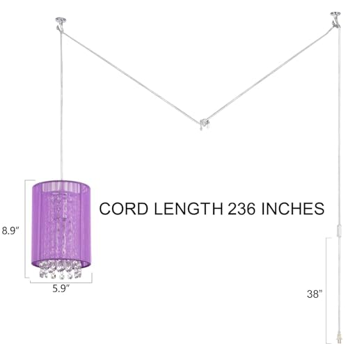 LaLuLa Purple Plug-in Hanging Lamp- Easy Install Crystal Pendant Light for Girls Bedroom, Nursery, Playhouse, Vanity, Closet, Bathroom - color: Purple, size: 5.9"
