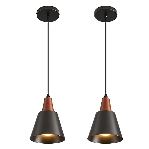 2 Pack Pendant Lights, Black Pendant Lights Kitchen Island,Wood Dome Minimalist Industrial Ceiling Hanging Lights for Kitchen Island, Barn, Dining Room, Living Roo m, Bedroom - color: Black