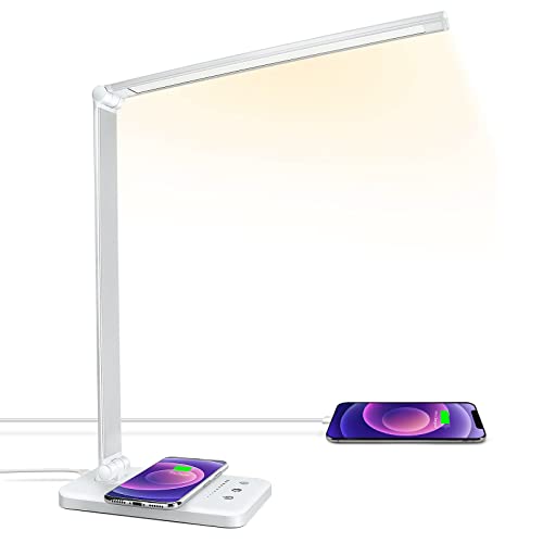 LED Desk Lamp with Wireless Charger, USB Charging Port, Desk Light with 10 Brightness, 5 Color Modes, Dimmable Eye Caring Reading Desk Lamps for Home Office, Touch Control, Auto Timer, White - color: White, size: PRO