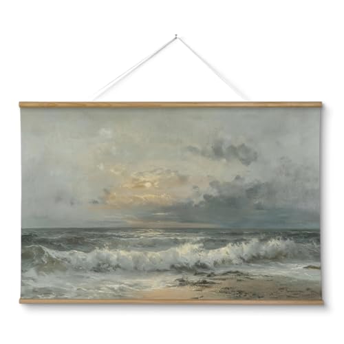 ARPEOTCY Extra Large Vintage Framed Wall Art, 36x54 Inch Sunset over the Sea Landscape Hanging Canvas Prints Scroll Wall Art Decor for Living Room Bedroom, Retro Scenery Pictures Above of Bed - color: Sunset over the Sea