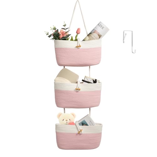 TeoKJ Over The Door Hanging Baskets with Button Strap, 3-Tier Woven Cotton Storage Organizer Bag, Wall-Mounted with Hook Decorative Hanging Nursery Baskets - Pink+White - color: Pink+White, style: 3 tier+Button