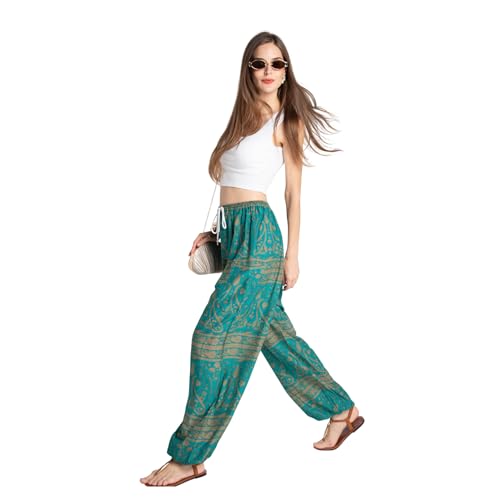 Tranquil Threads Women's Harem Pants with Pockets and Drawstring, Hippie Boho Yoga Clothes - color: Teal Reverie, size: X-Small