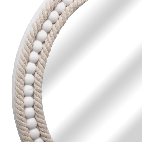 Boho Round Beaded Wall Mirror - 16 Inch Decorative Rope-Wrapped Circle Mirrors for Bathroom Living Room Entryway
