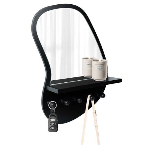 SANY DAYO HOME Wall Mount Wood Frame Irregular Mirror with 5 Wooden Hooks and Shelf, Modern Decorative Hanging Mirror for Entryway, Bedroom, Living Room (16″ x 12″, Black) - color: Black